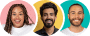 Three people smiling on colorful backgrounds