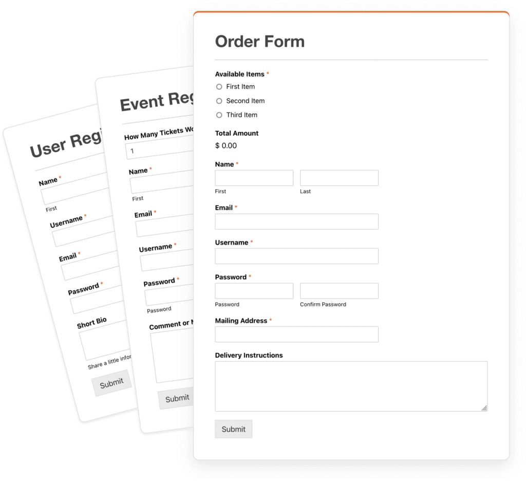 User registration and order form templates