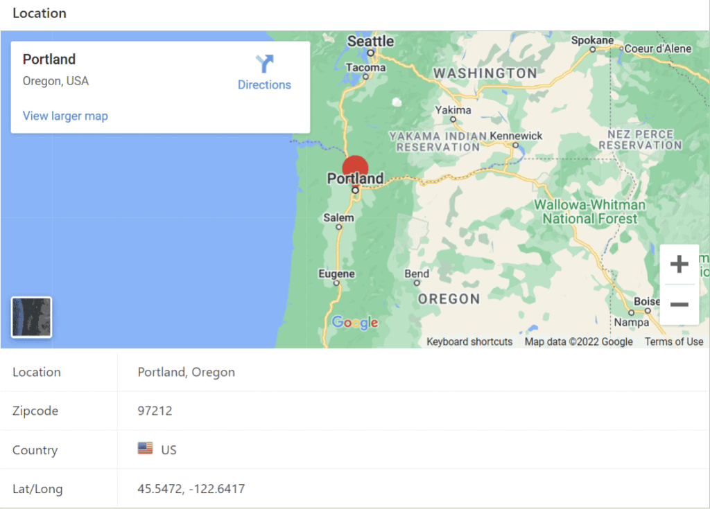 Map showing geolocation data for Portland